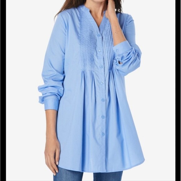 Woman Within Women's blue perfect pintucket tunic size 4x roll tab sleeve plus - Picture 4 of 10